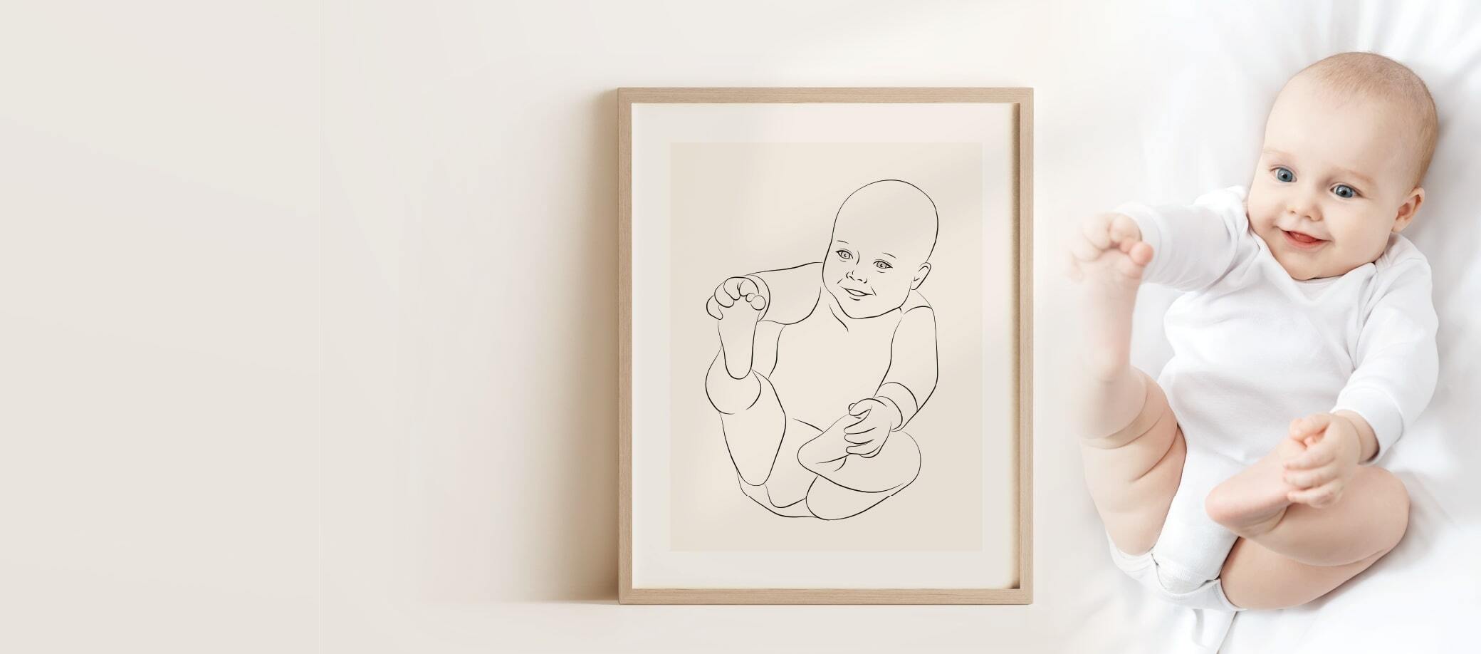 Een Miroar Line Art afbeelding van een lachende baby als geboortegeschenkidee in een eikenhouten lijst