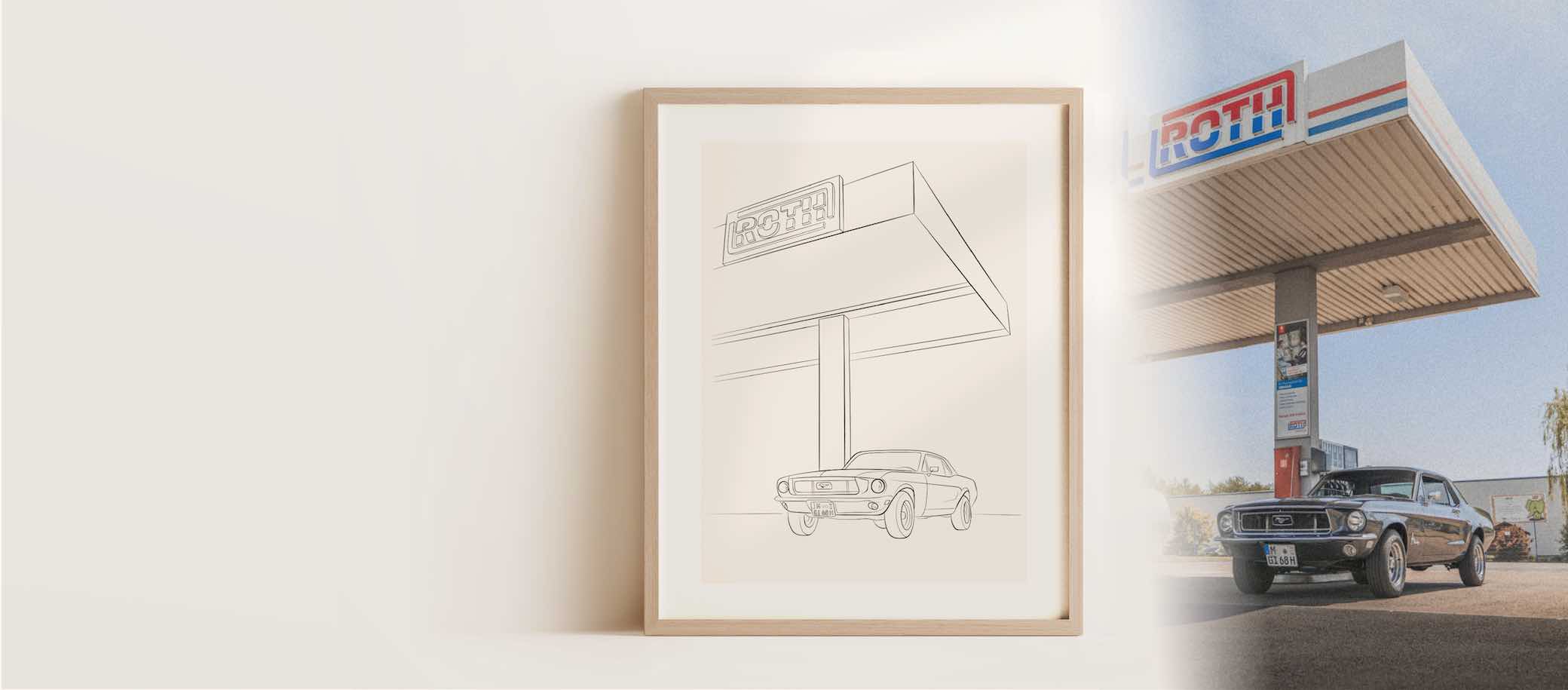 Line Art tekening van een oude Ford Mustang bij een tankstation naast de originele foto.