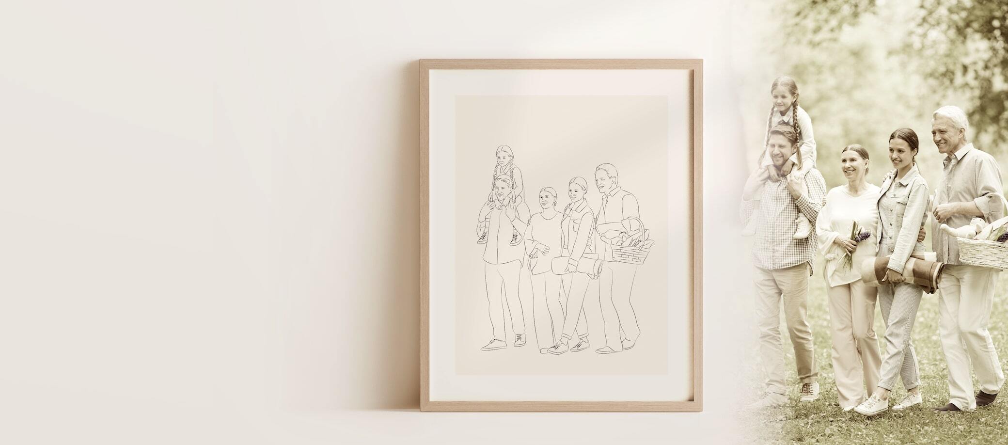 Line Art tekening van een grote familie