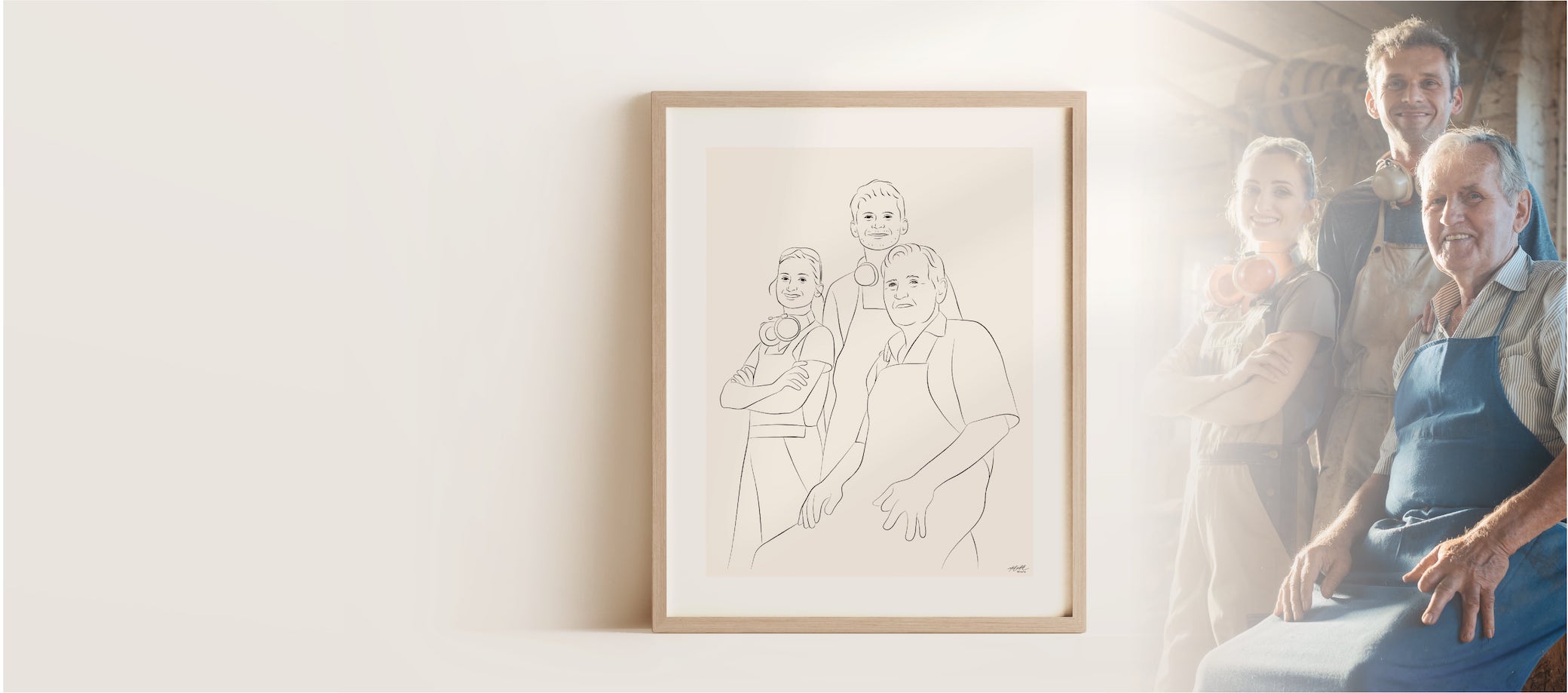Line Art tekening van een schrijnwerkerijteam met jonge en oude collega's
