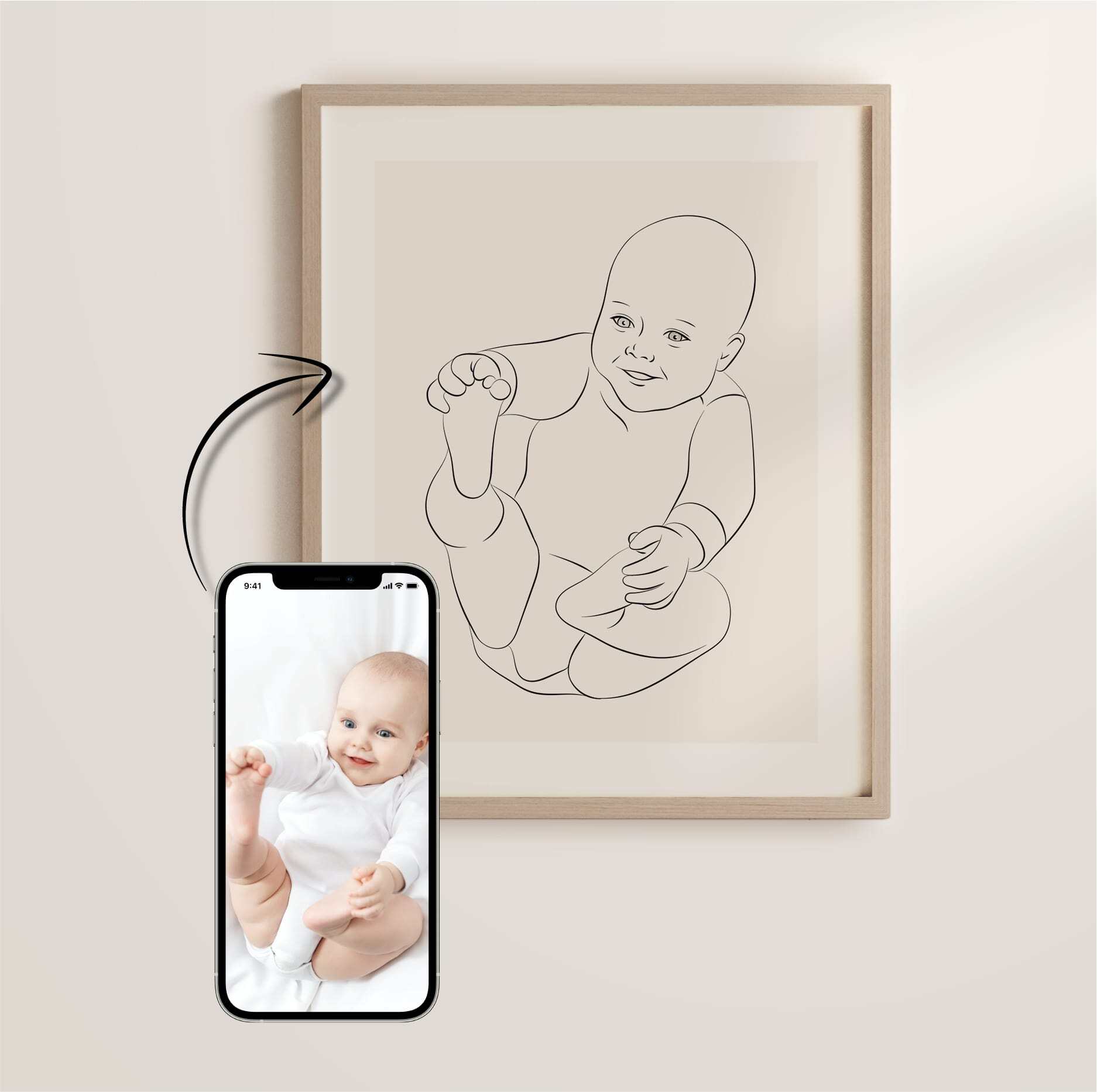 Een Line Art tekening van een lachende baby