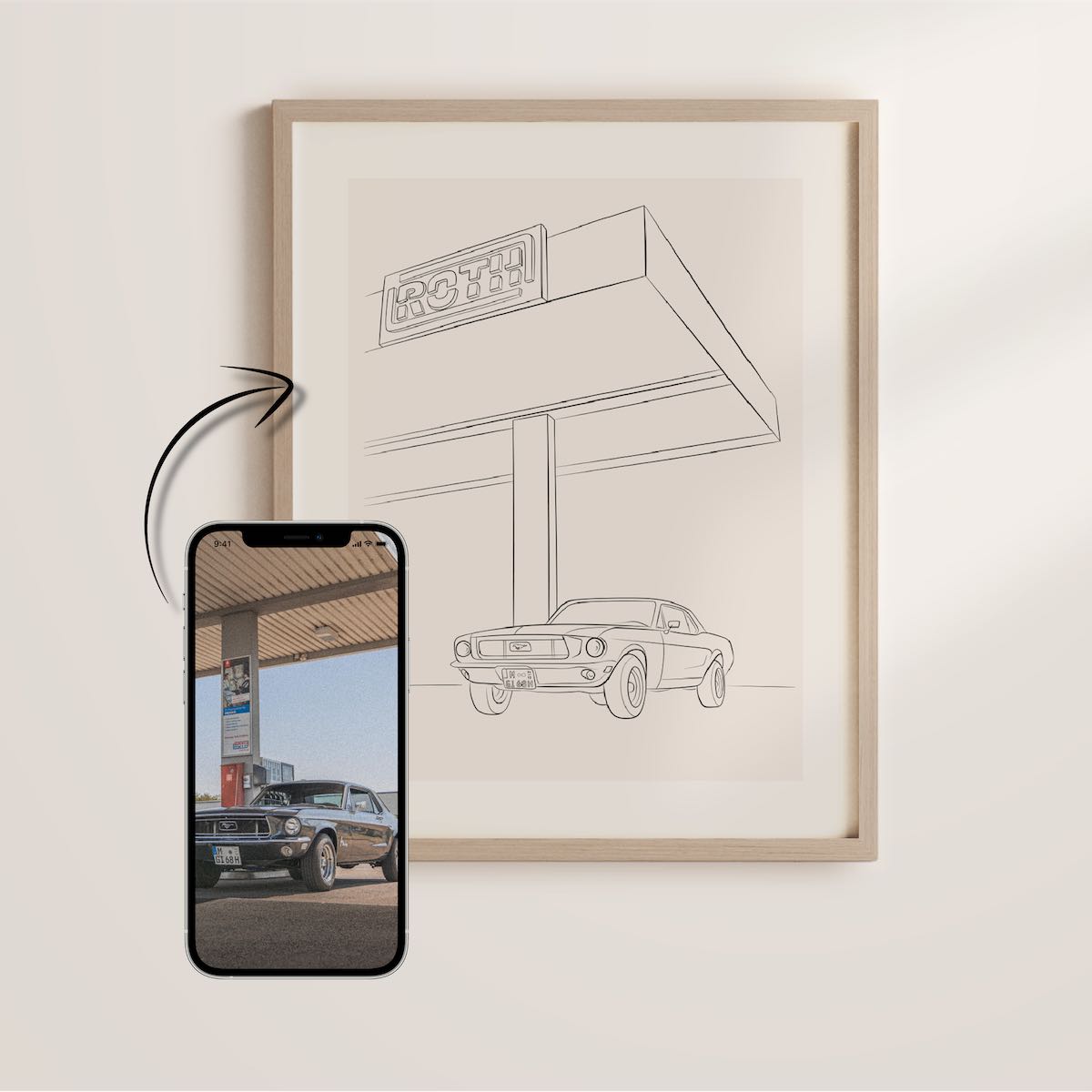 Cadeau voor autoliefhebbers: Line Art tekening van een oude Ford Mustang
