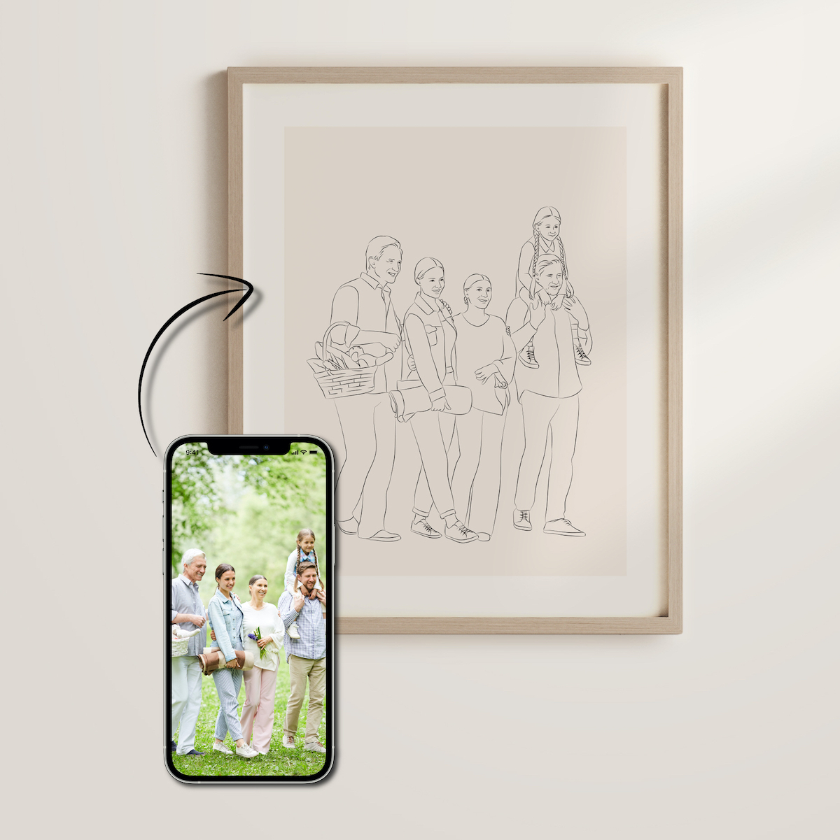 Getekend familieportret in Line Art