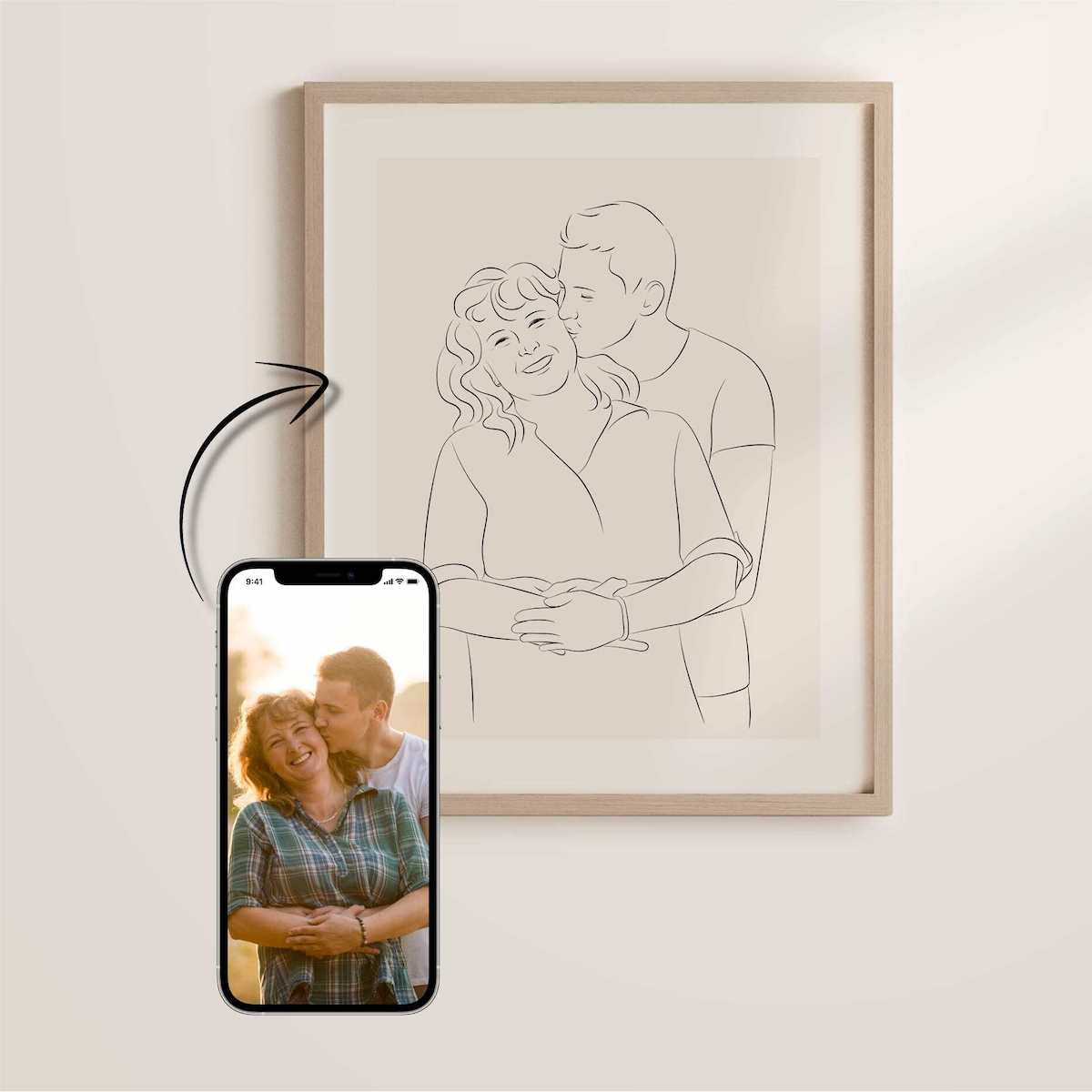 Moeder en zoon getekend in Line Art als moederdaggeschenk
