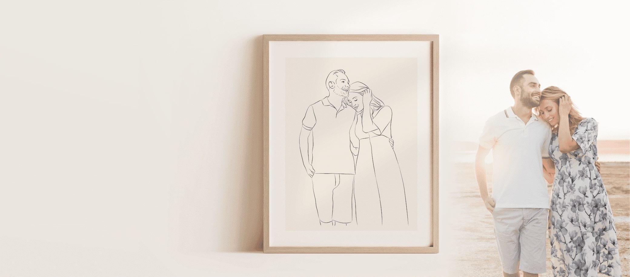 Foto van een jong koppel, getekend als Miroar Line Art en ingelijst in een eikenhouten lijst