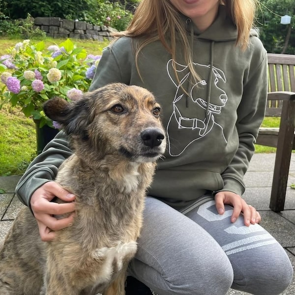 Geborduurde khaki hoodie met een echte hond naast de hoodie, post van @miroar_de