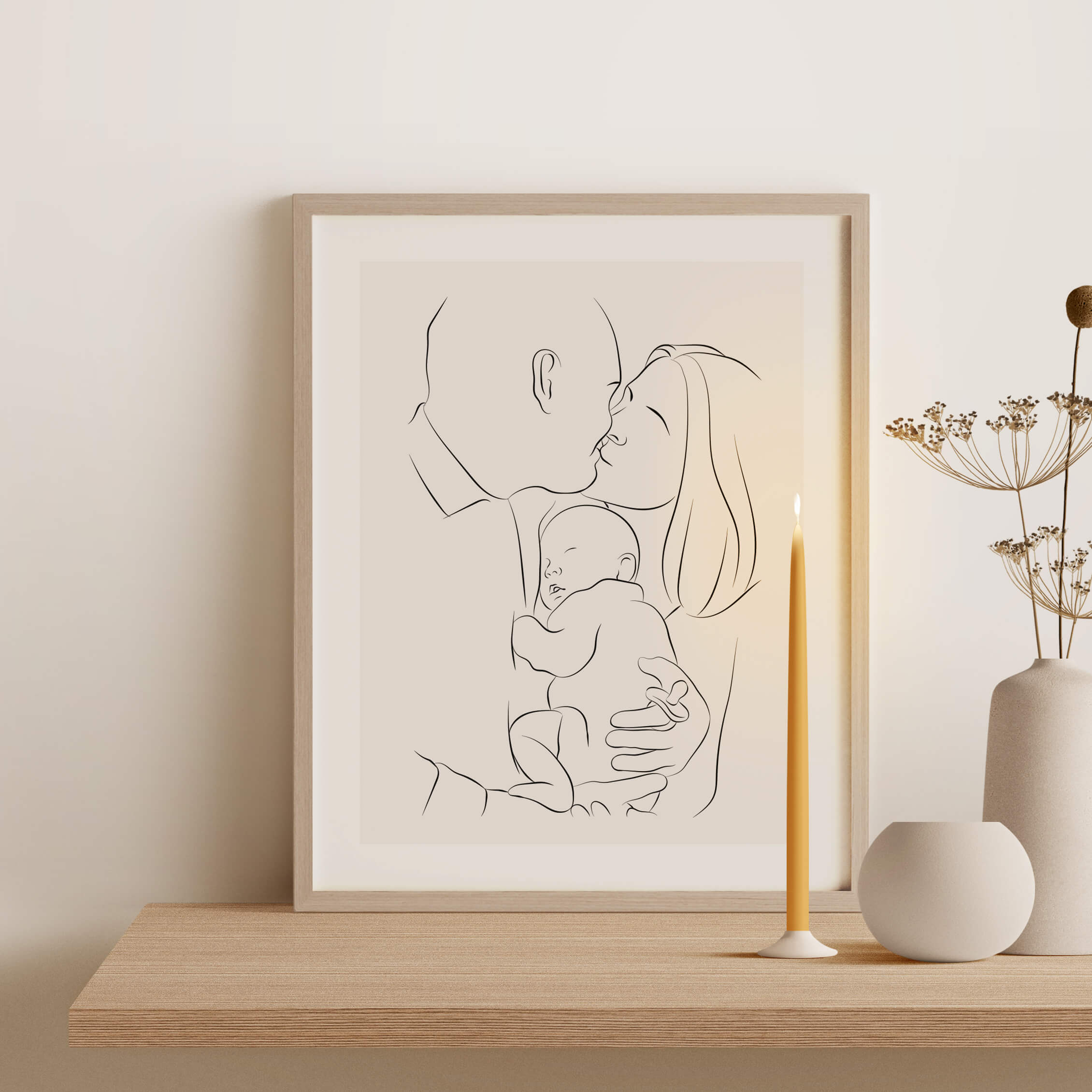 Een illustratie in Line Art van een koppel dat een slapende baby vasthoudt