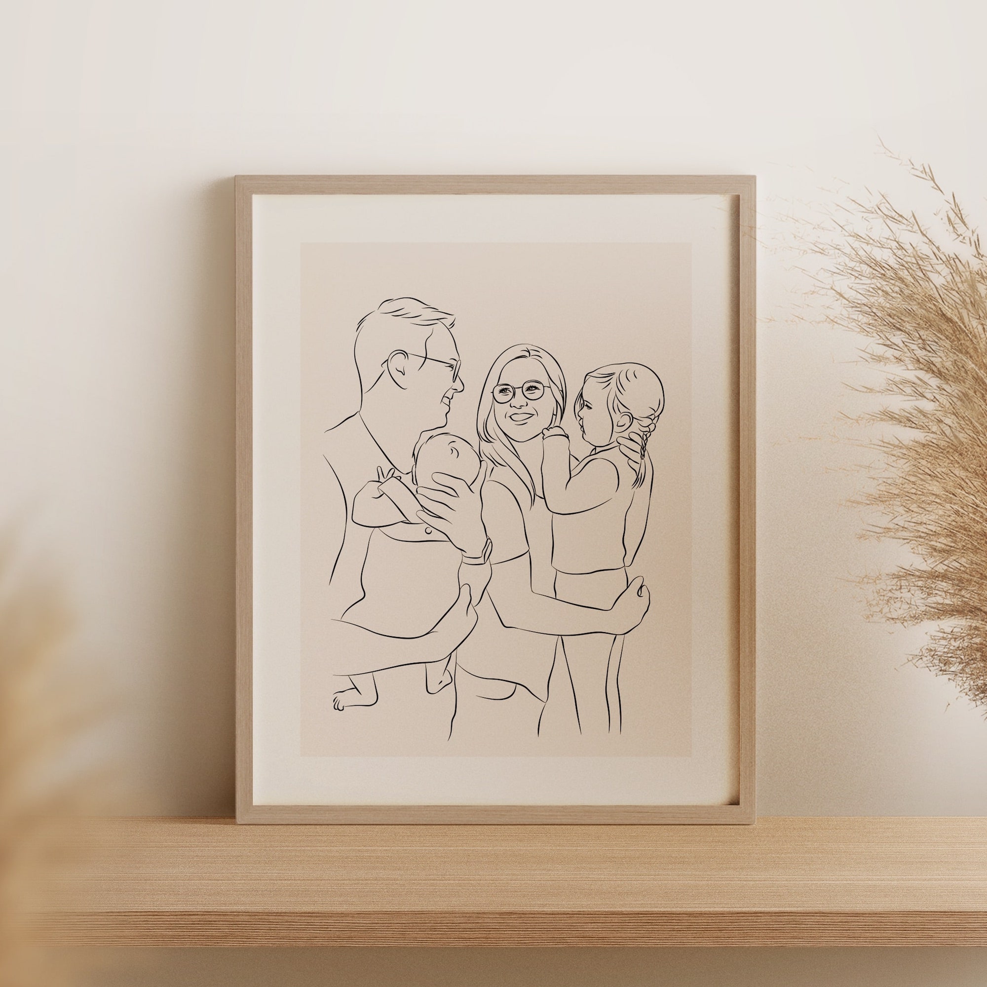 Jonge familie met 2 kinderen getekend in Line Art