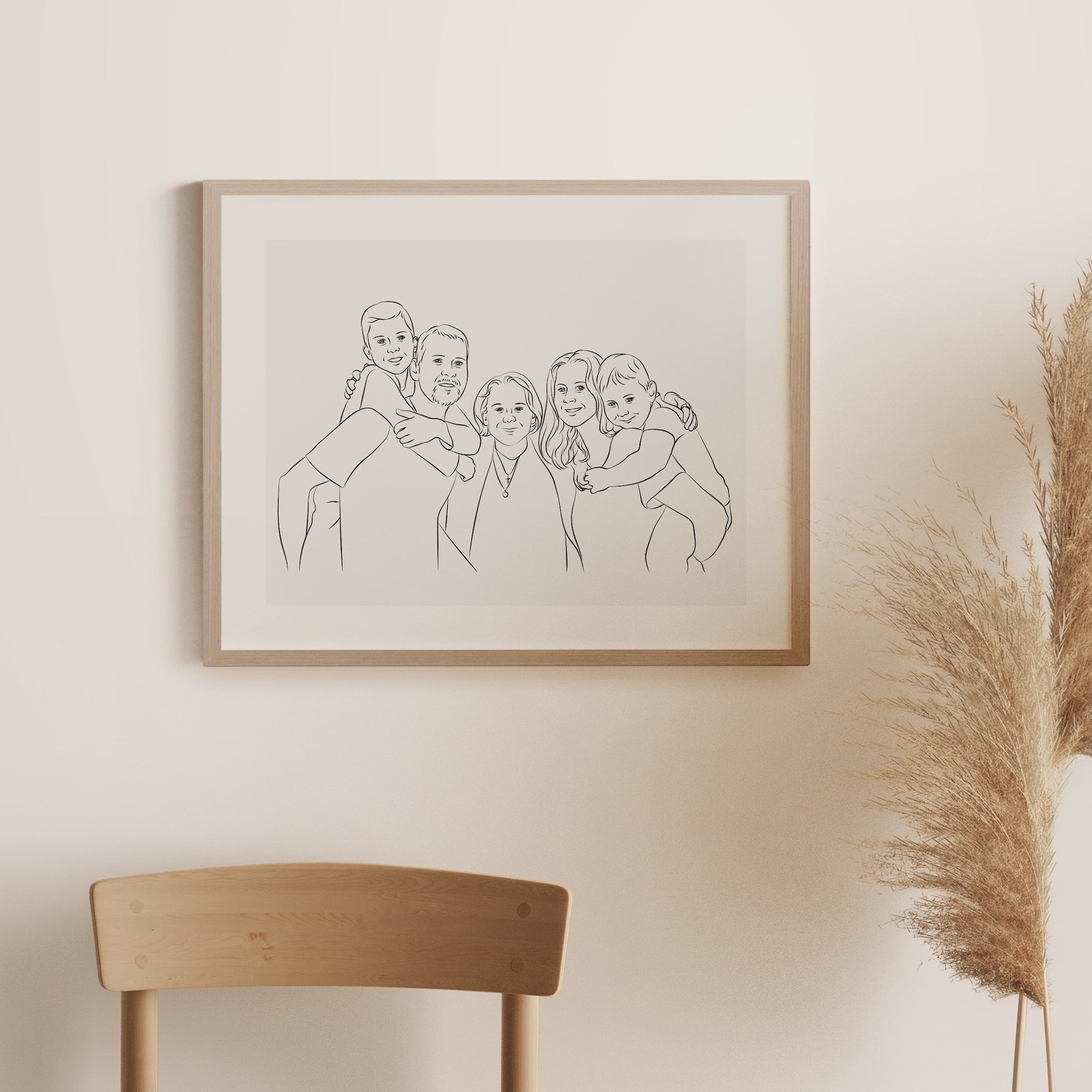 Getekende familiefoto in Line Art met oma in het middelpunt van de afbeelding