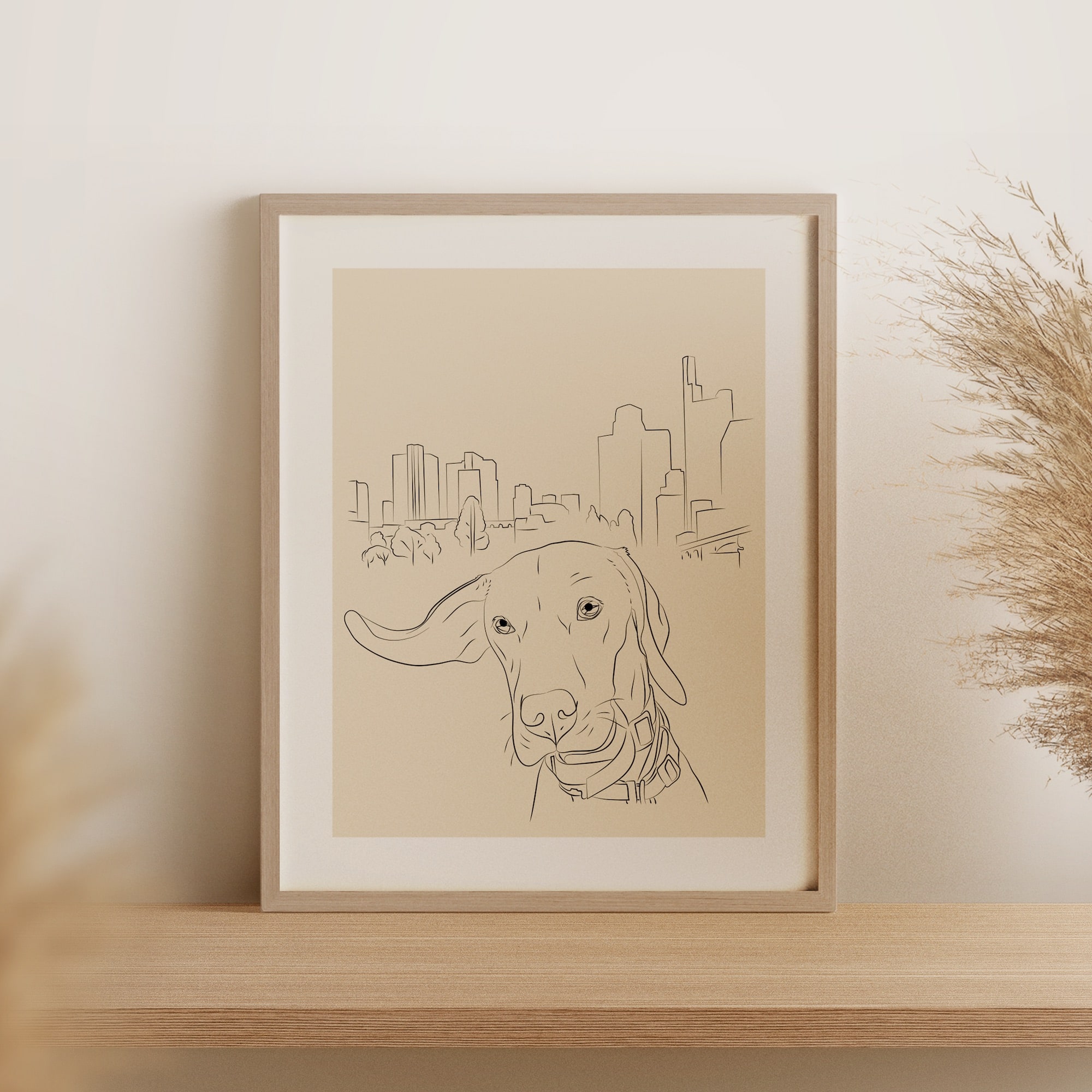 Un dessin en Line Art d'un chien et de la skyline de Francfort