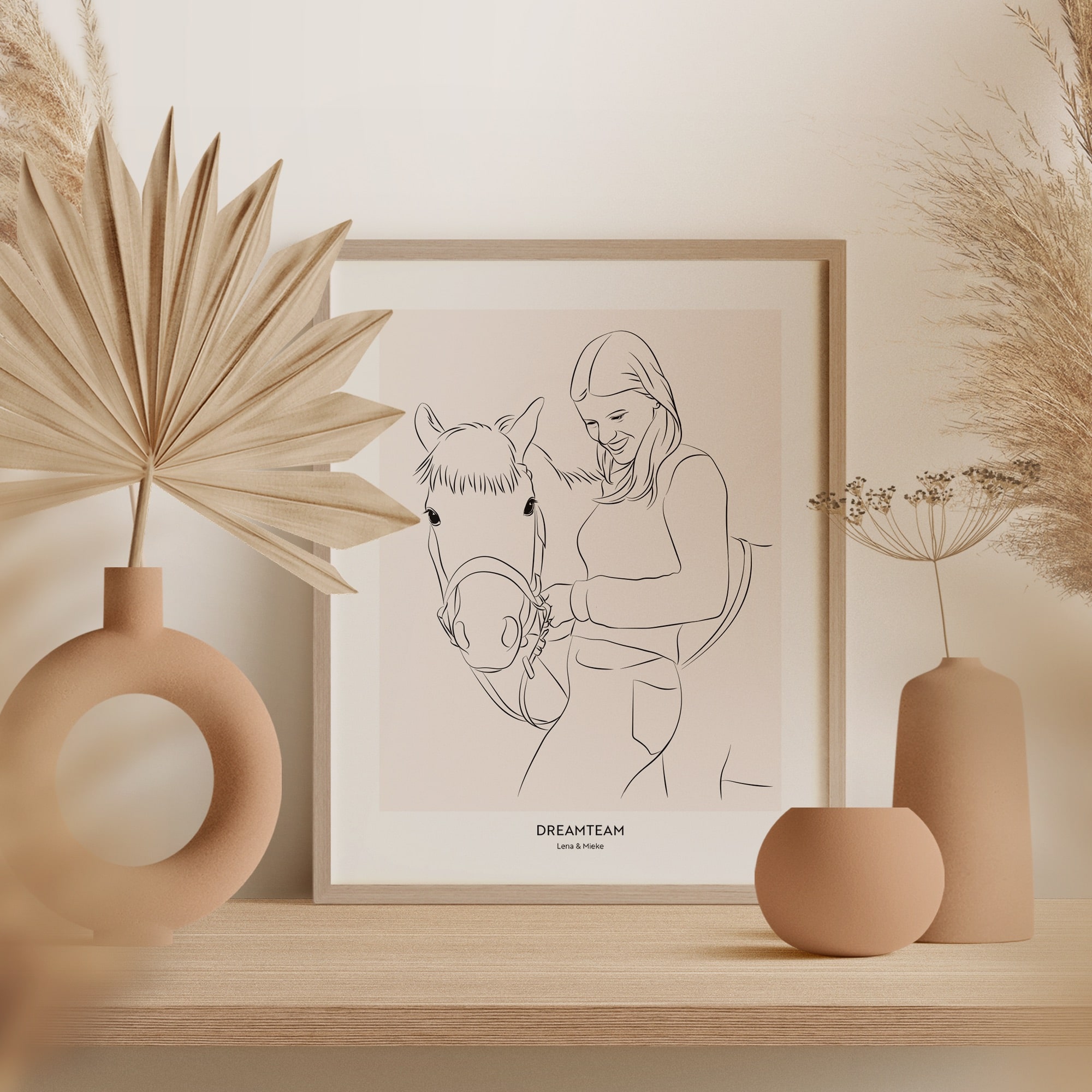 Un dessin en Line Art d'un cheval à côté d'une jeune femme