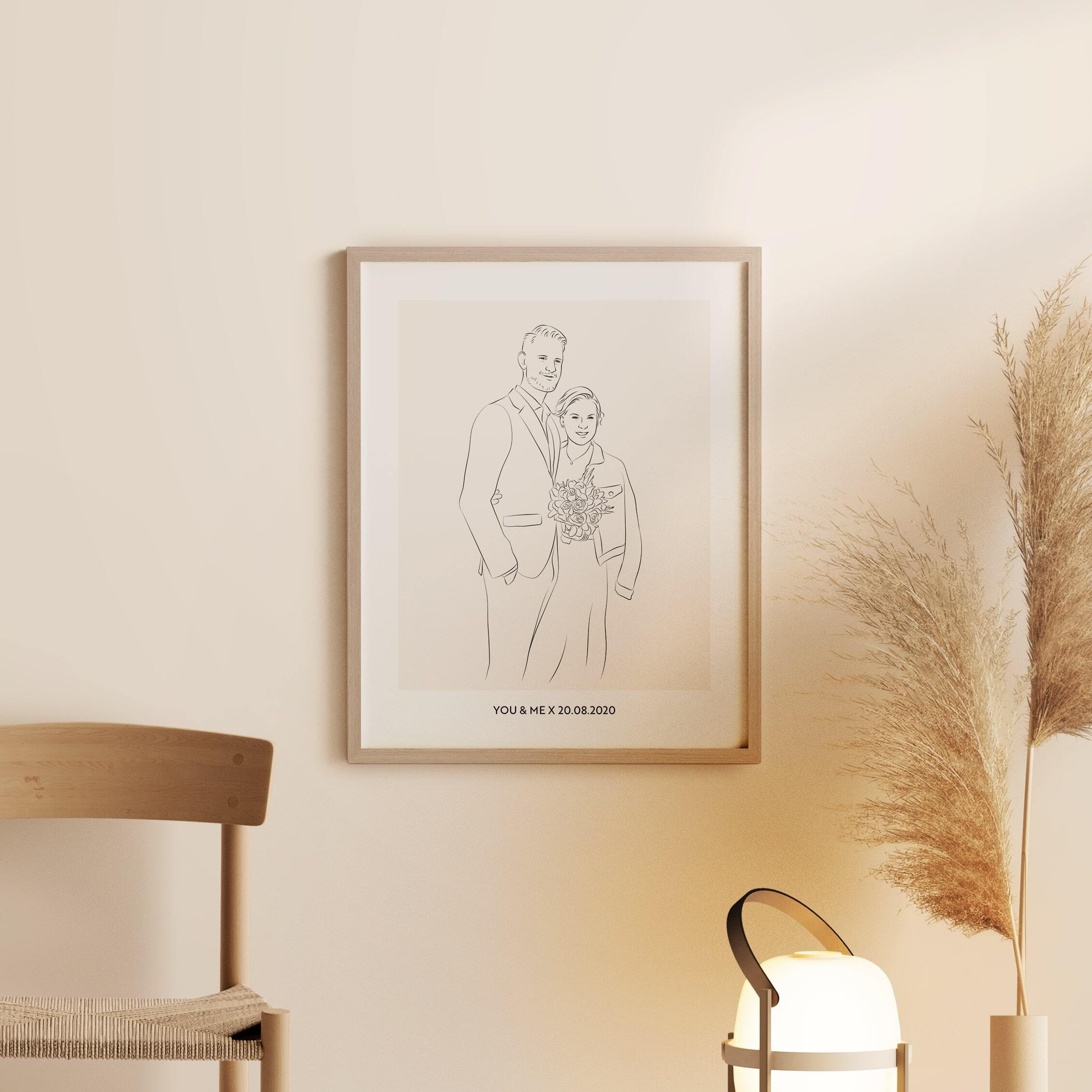 Line Art illustratie van trouwpaar met boeket en trouwdatum als ondertitel