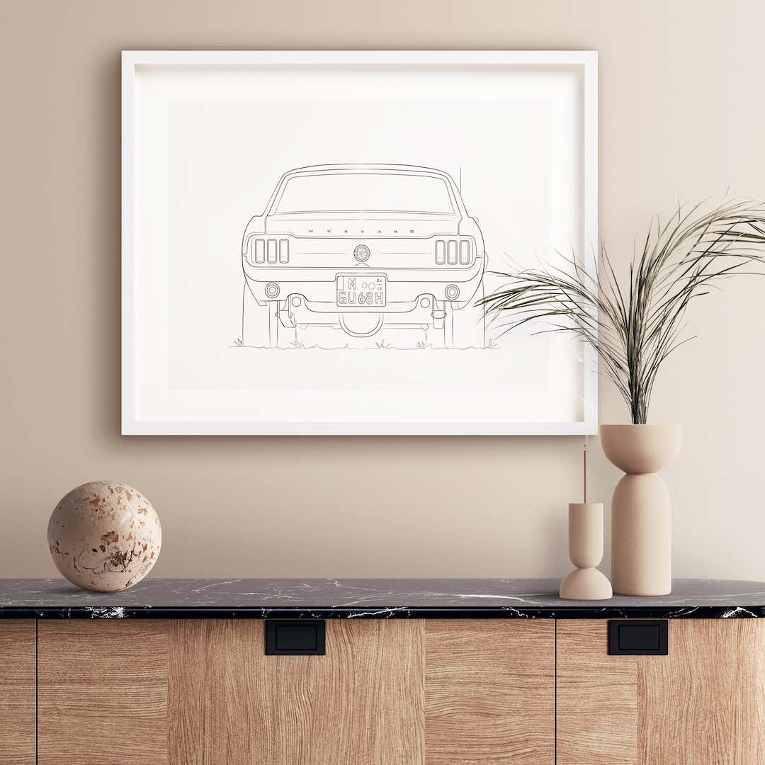 Achterzijde van een Ford Mustang in Line Art