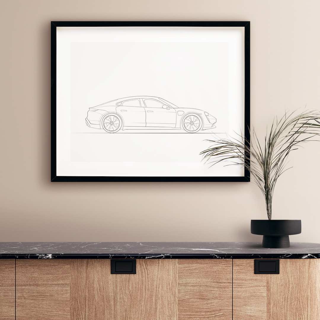 Line Art tekening van een zijaanzicht van een Porsche Taycan