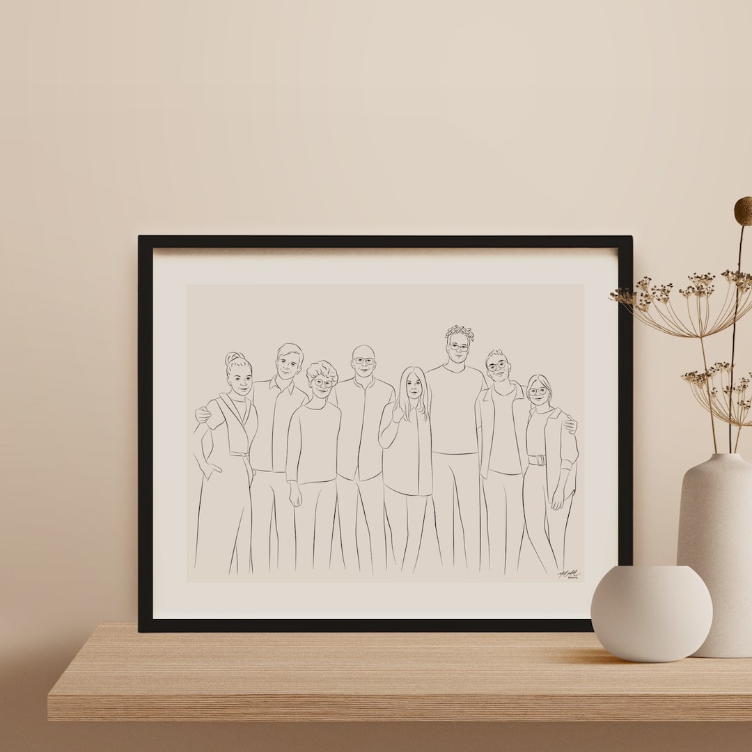 Line Art portret van een team van 8 medewerkers