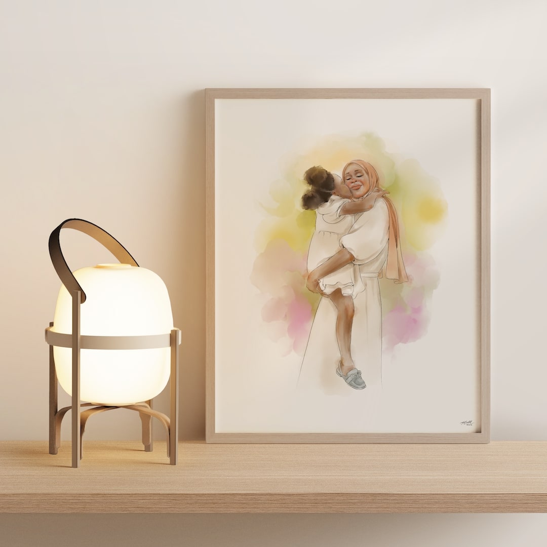 Moeder met jonge zoon en tulpen, getekend in Line Art
